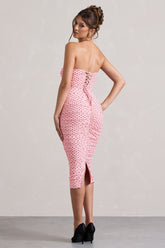 Pink Polka Dot Ruched Mesh Strapless Midi Dress With Corsage